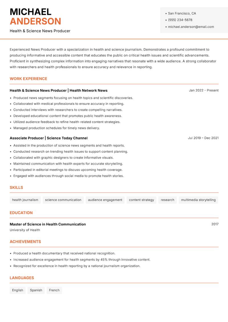 News Producer resume template — Modern Professional
