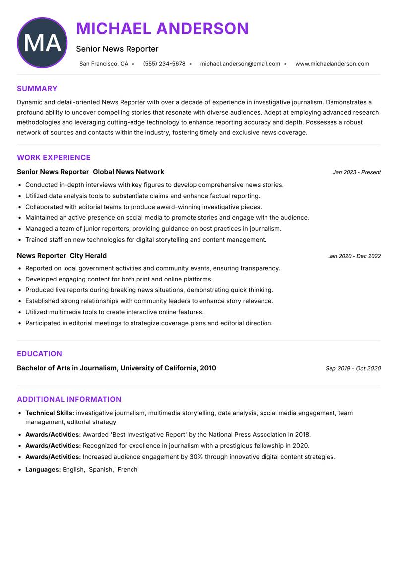 News Reporter resume example — ATS-friendly template