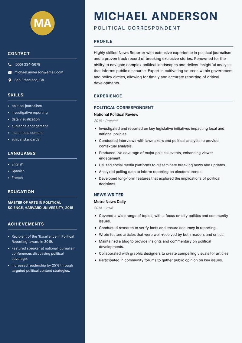 News Reporter resume template — Classic Clean