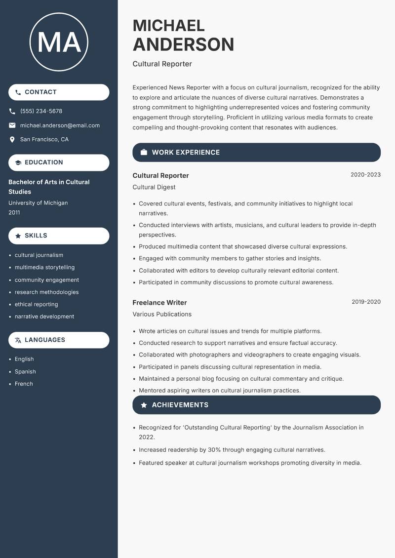 News Reporter resume template — Compact