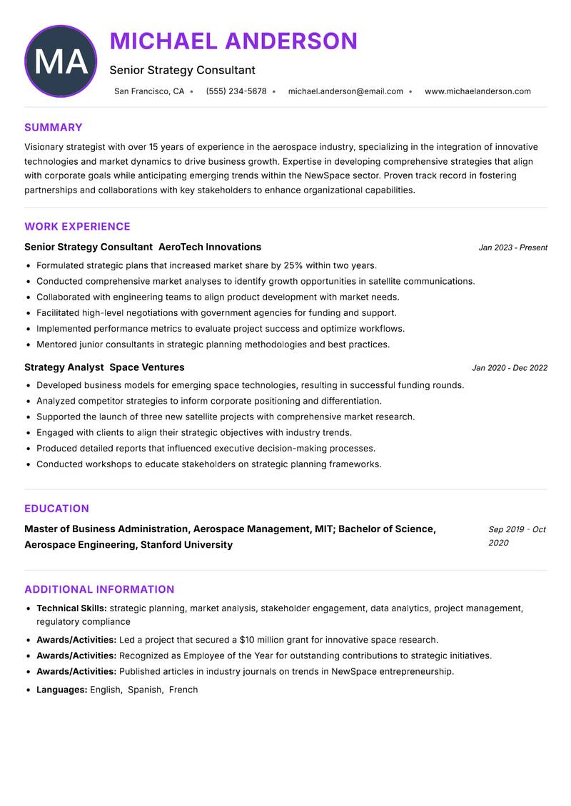 NewSpace Strategy Consultant resume example — ATS-friendly template