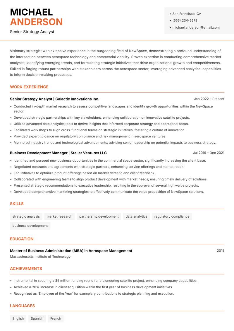 NewSpace Strategy Consultant resume template — Modern Professional