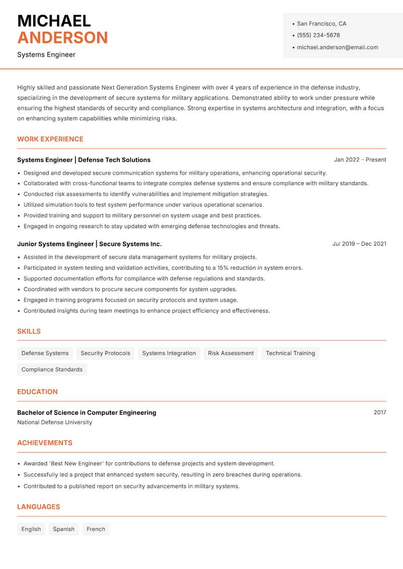 Next Generation Systems Engineer resume template — Modern Professional