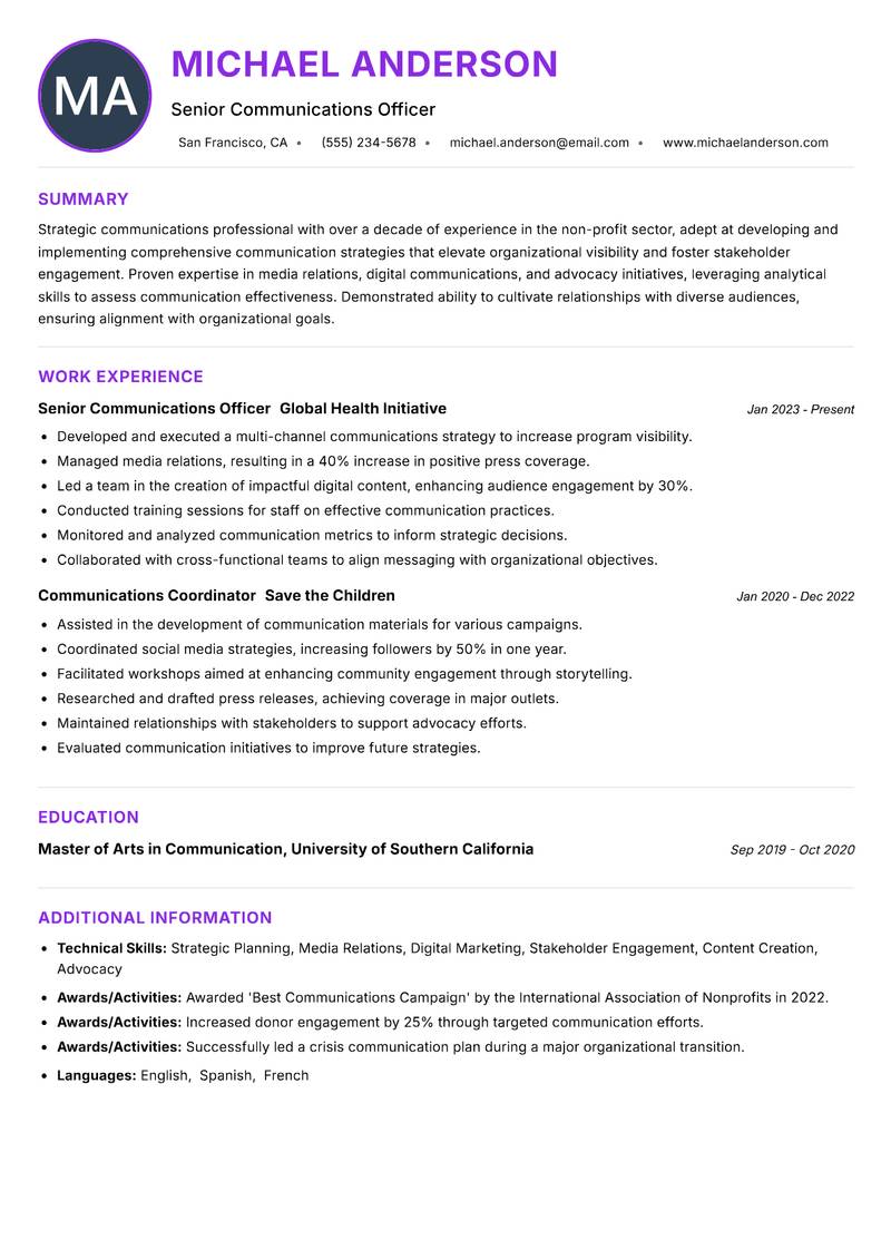 NGO Communications Officer resume example — ATS-friendly template
