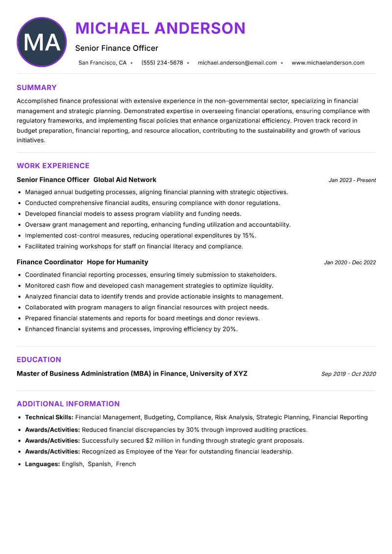 NGO Finance Officer resume example — ATS-friendly template