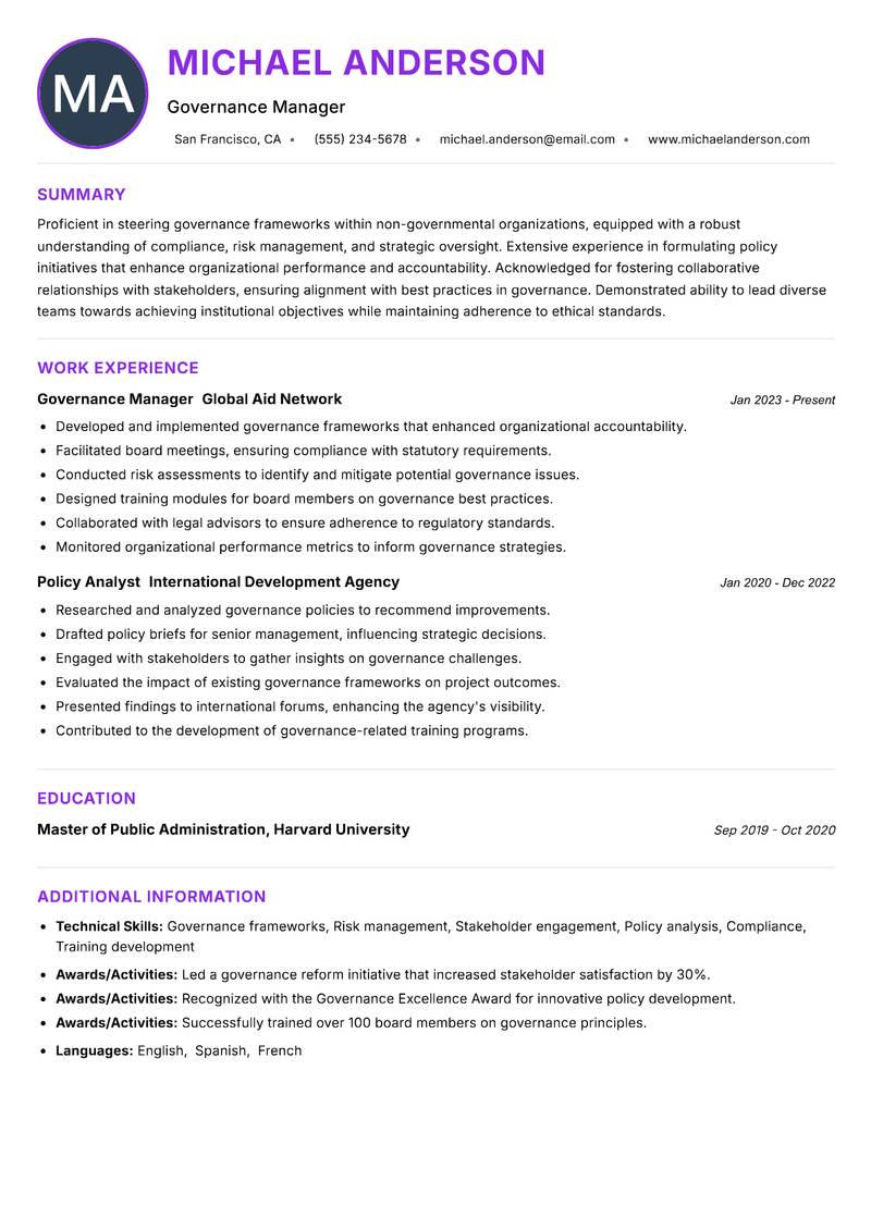 NGO Governance Manager resume example — ATS-friendly template