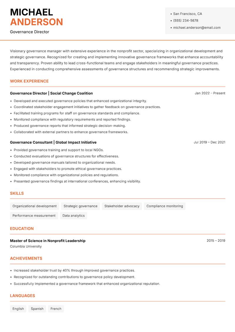 NGO Governance Manager resume template — Modern Professional