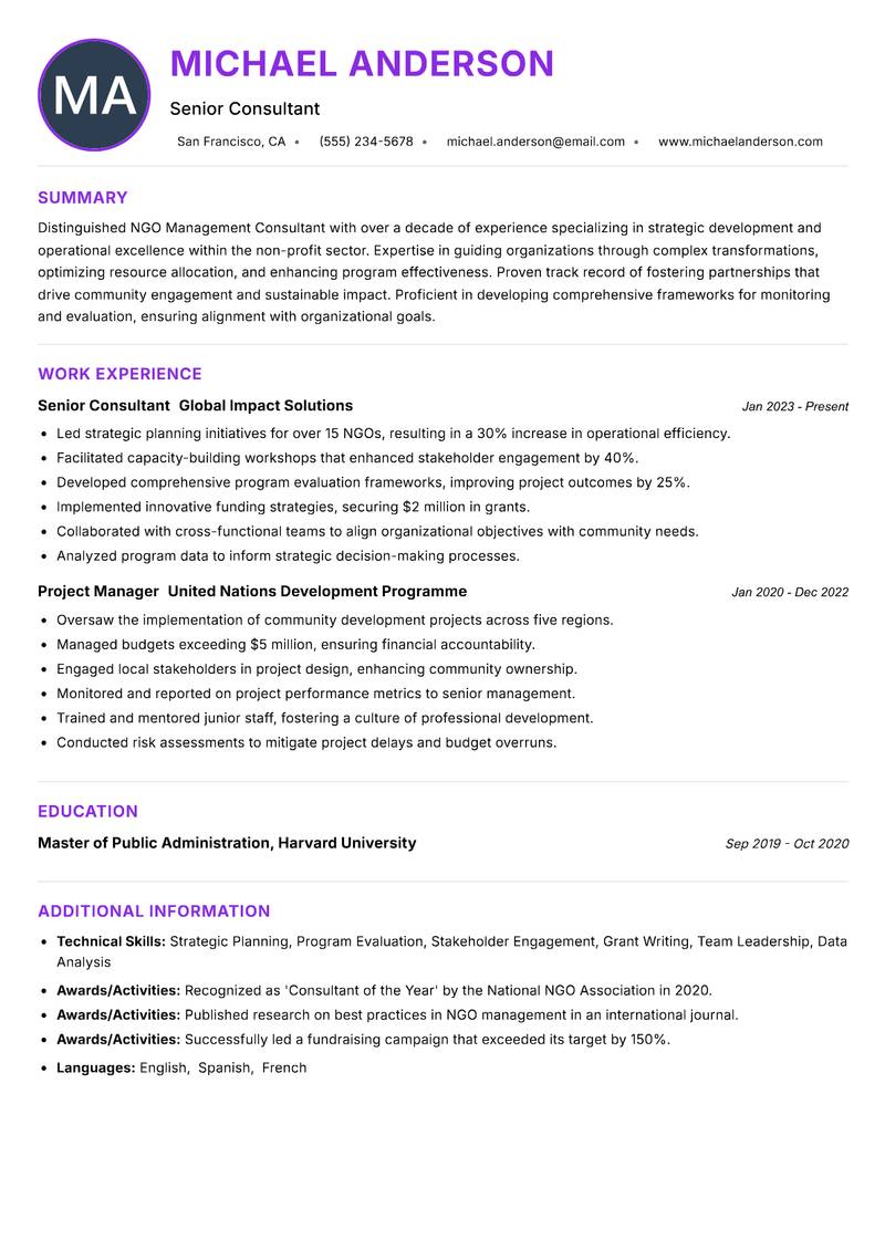 NGO Management Consultant resume example — ATS-friendly template