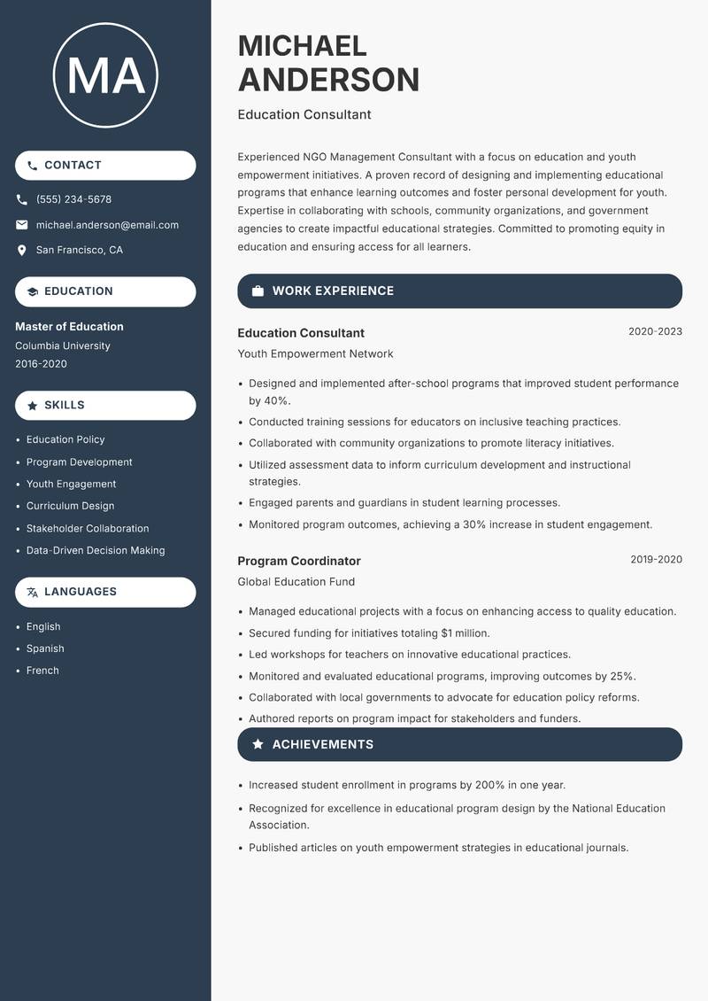 NGO Management Consultant resume template — Compact