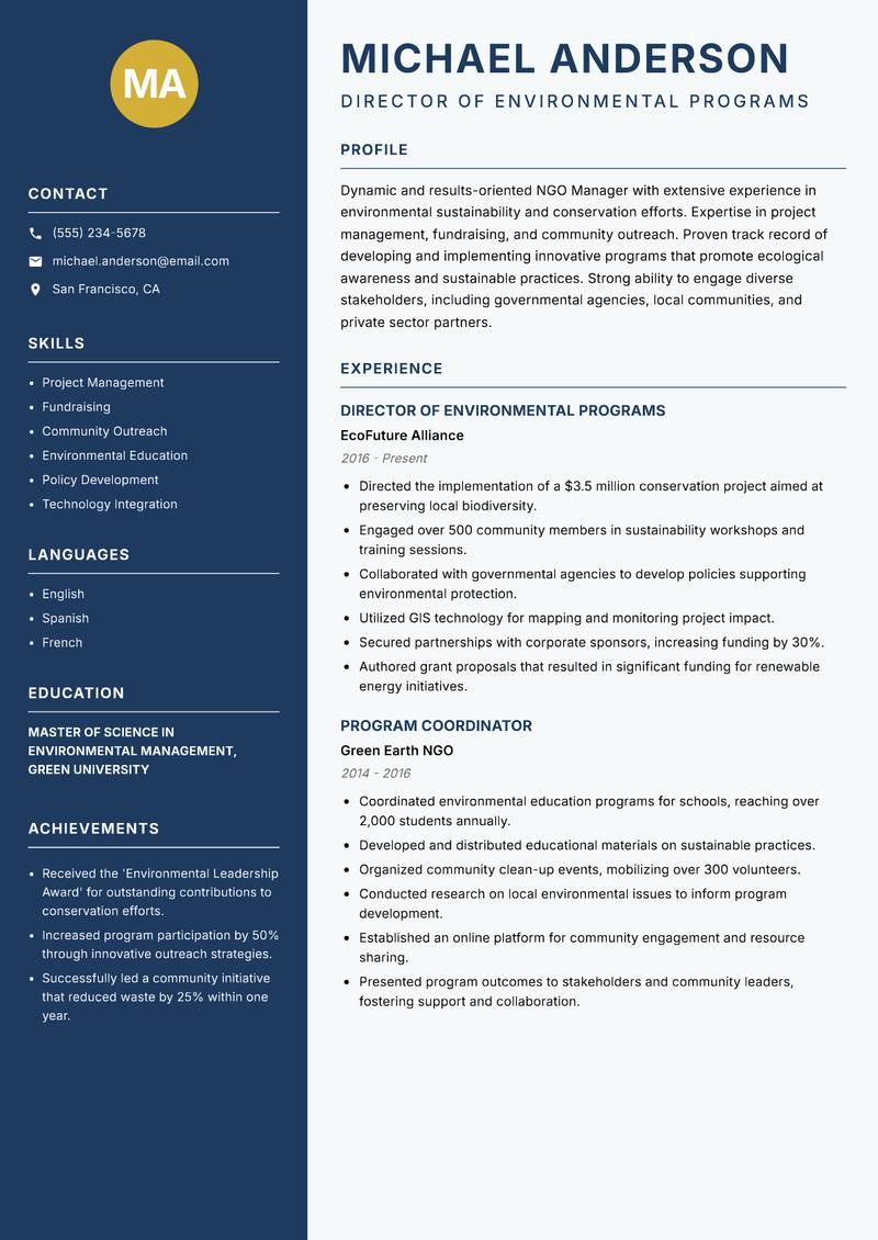 NGO Manager resume template — Classic Clean
