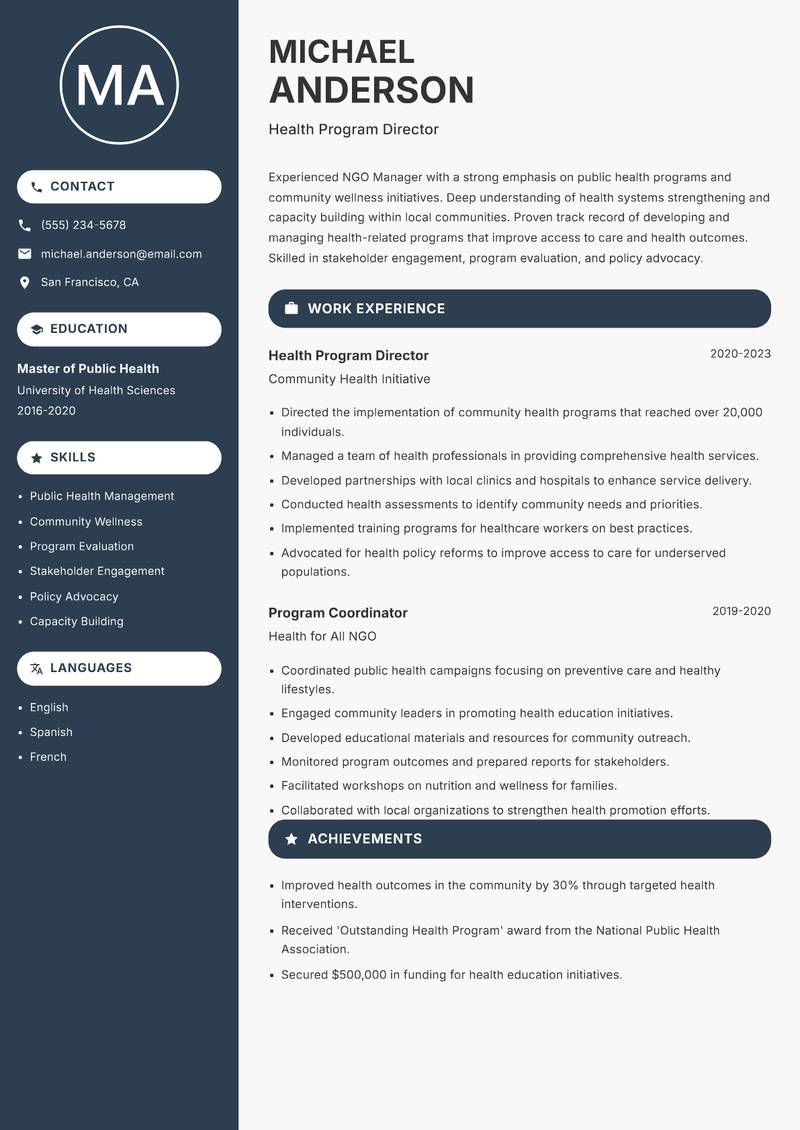 NGO Manager resume template — Compact