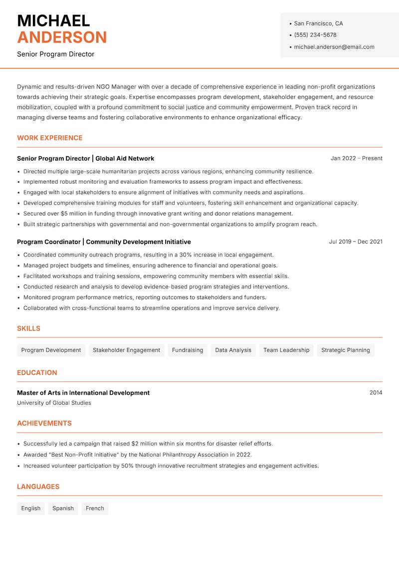 NGO Manager resume template — Modern Professional