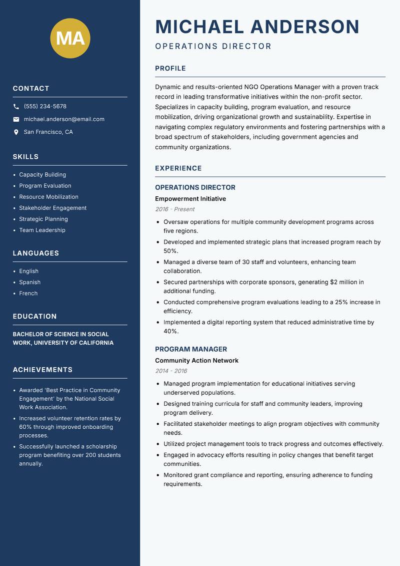 NGO Operations Manager resume template — Classic Clean