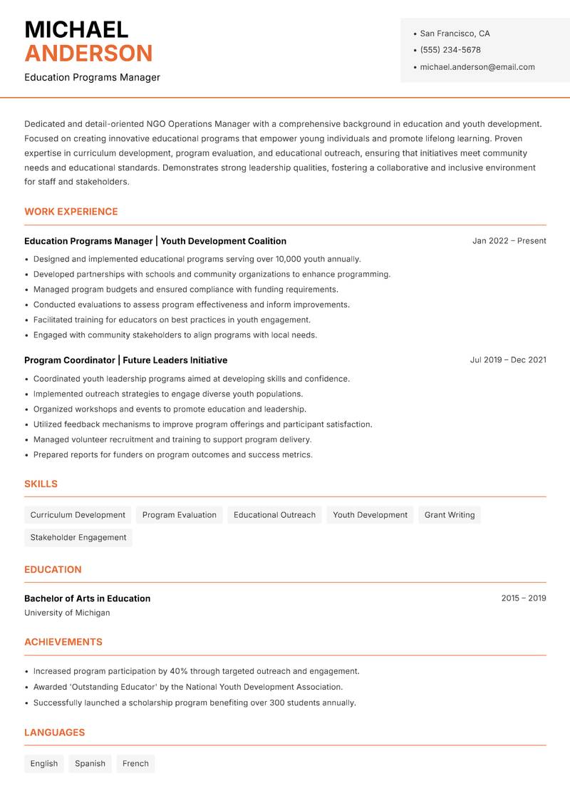 NGO Operations Manager resume template — Modern Professional
