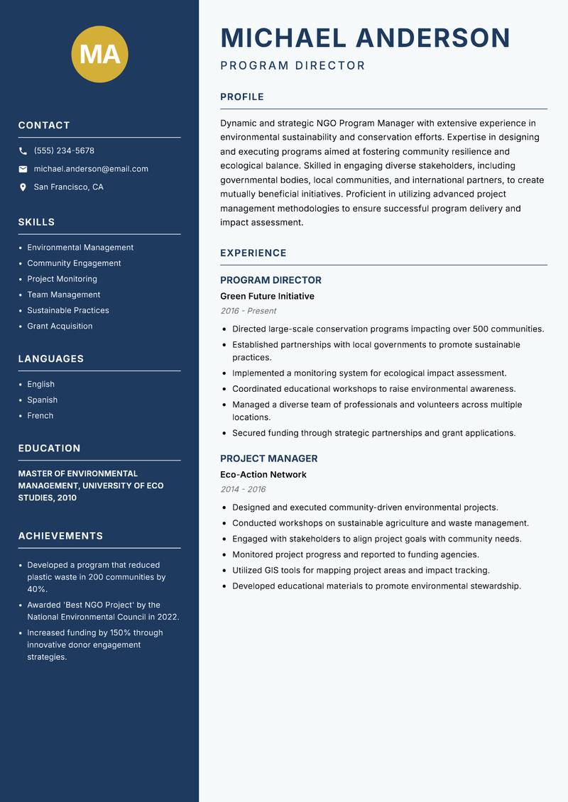 NGO Program Manager resume template — Classic Clean