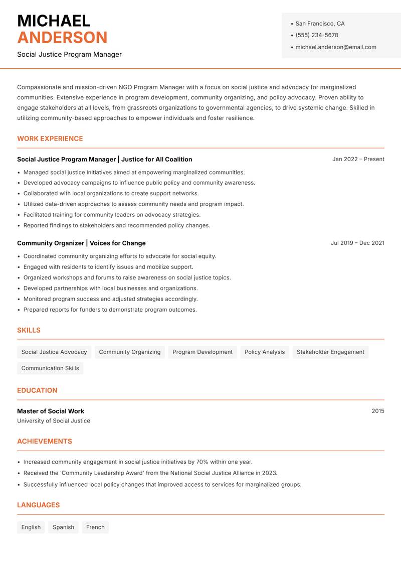 NGO Program Manager resume template — Modern Professional