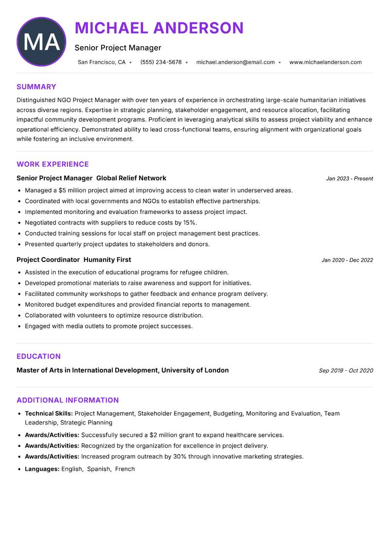 NGO Project Manager resume example — ATS-friendly template
