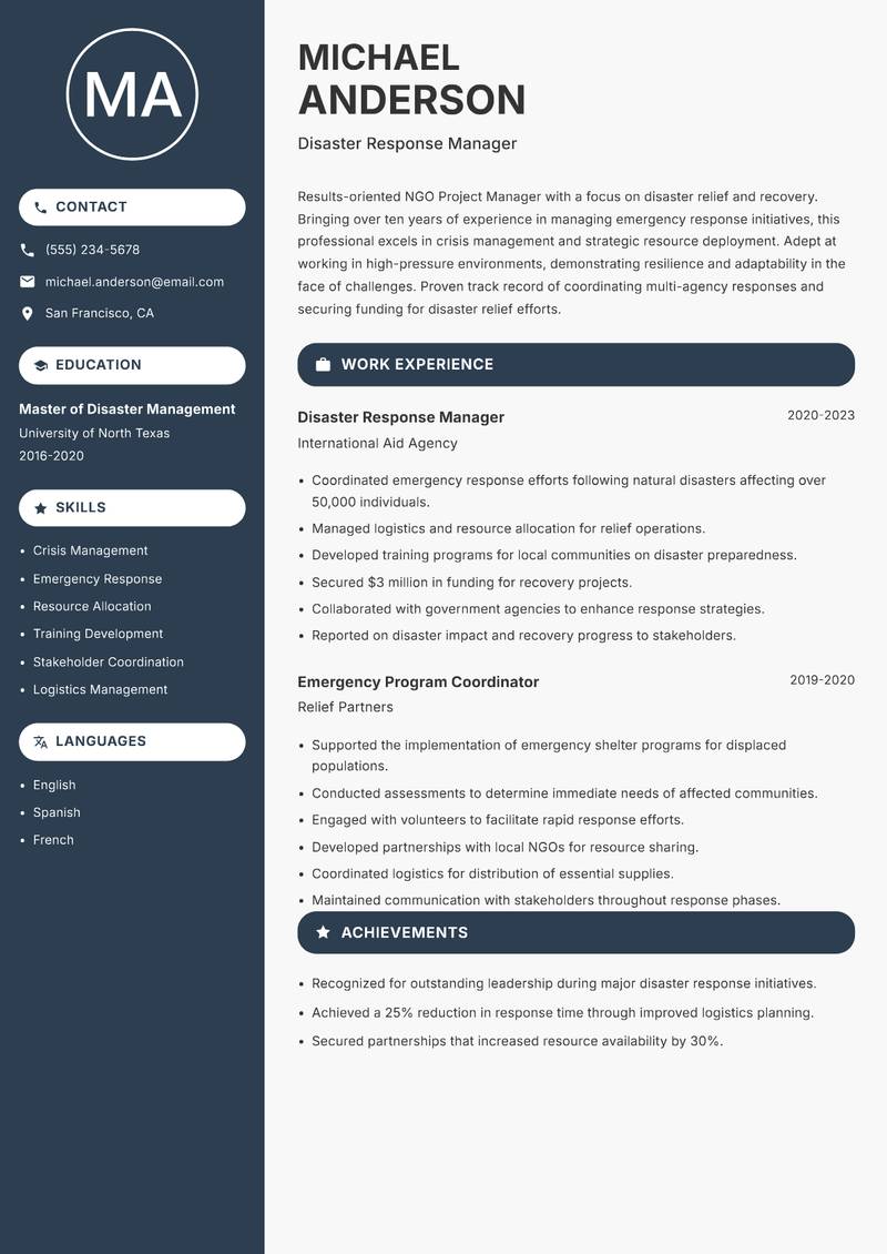 NGO Project Manager resume template — Compact