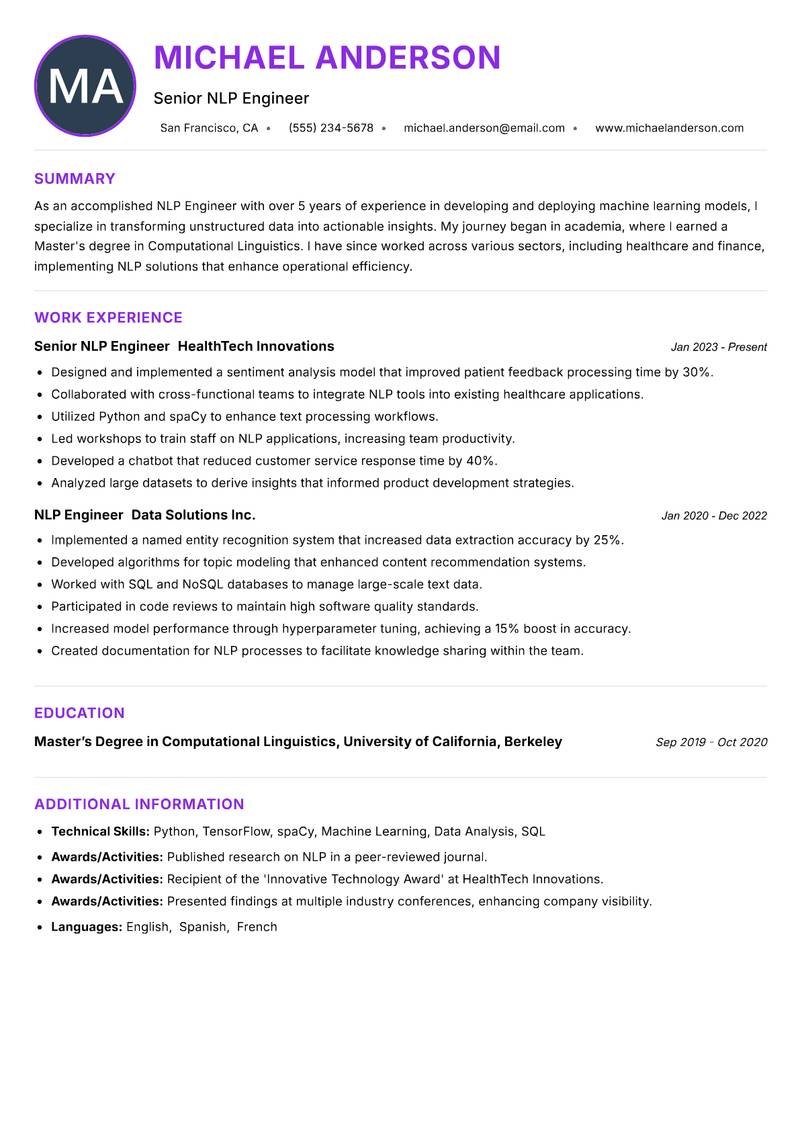 NLP Engineer resume example — ATS-friendly template
