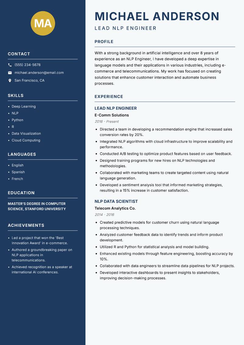 NLP Engineer resume template — Classic Clean