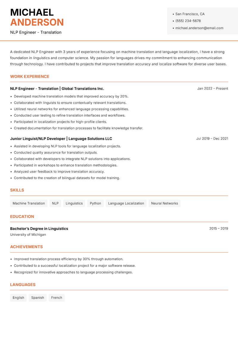 NLP Engineer resume template — Modern Professional