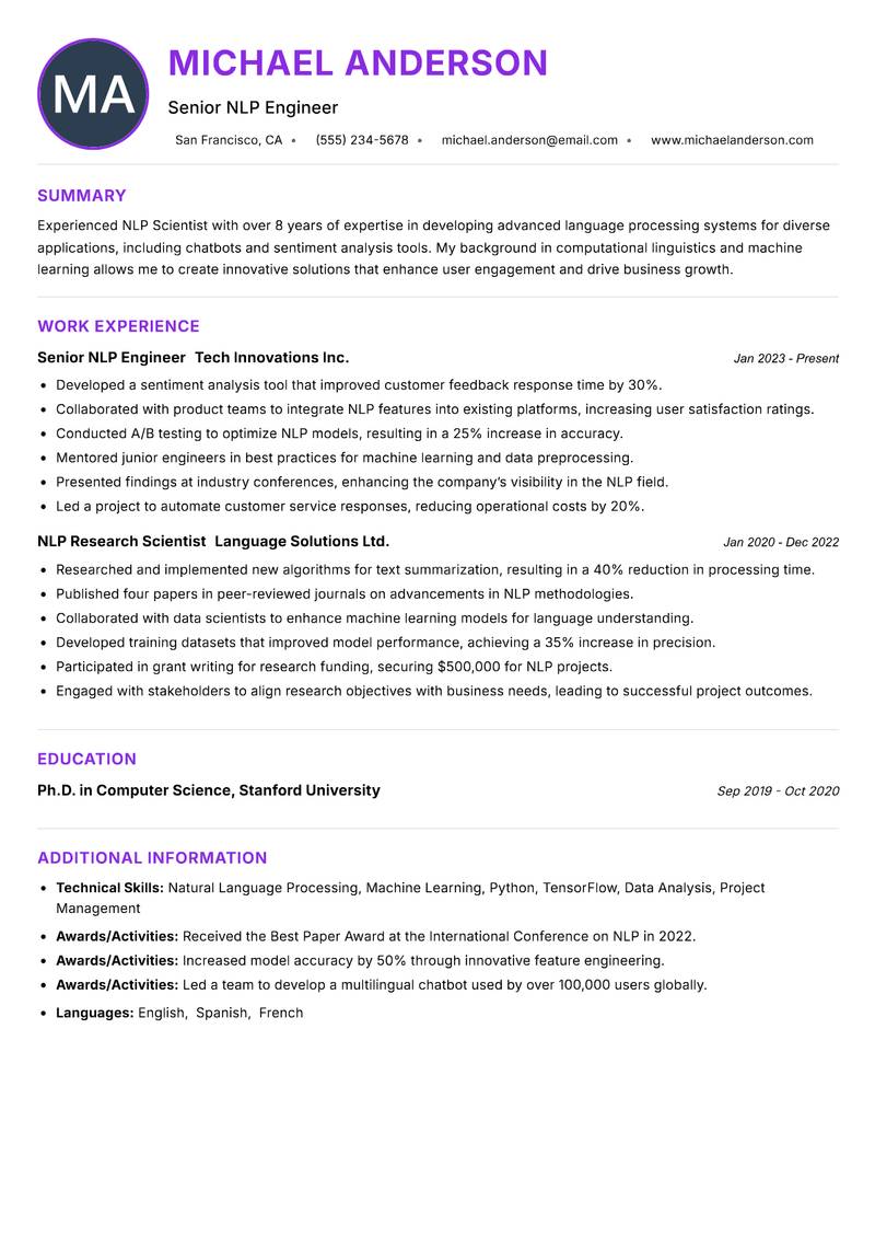 NLP Scientist resume example — ATS-friendly template