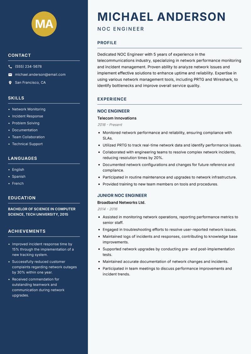 NOC Engineer resume template — Classic Clean