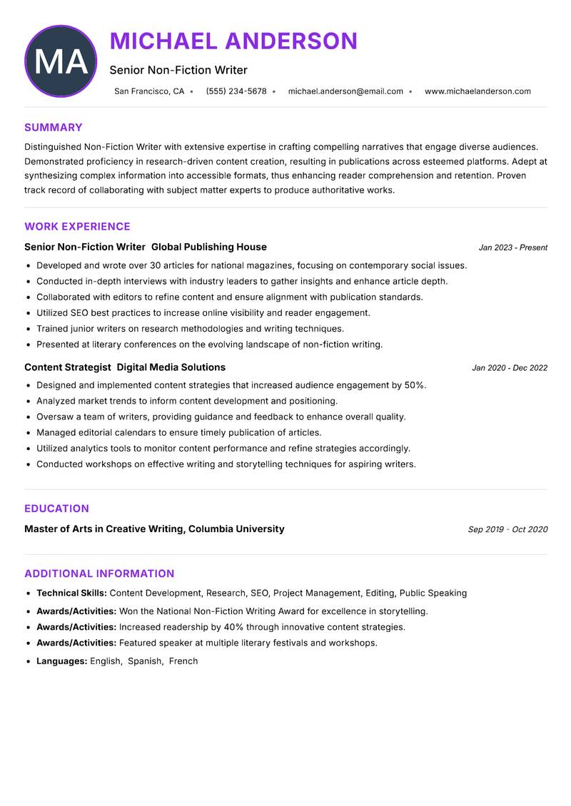 Non Fiction Writer resume example — ATS-friendly template