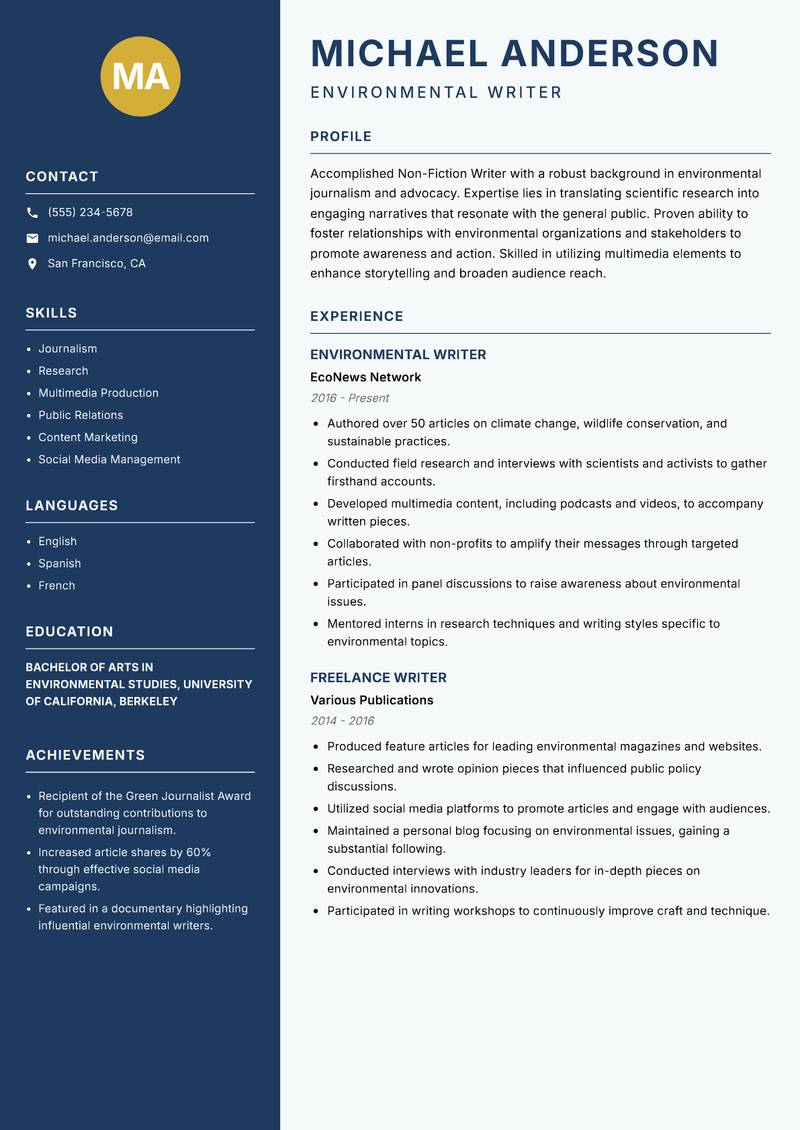 Non Fiction Writer resume template — Classic Clean