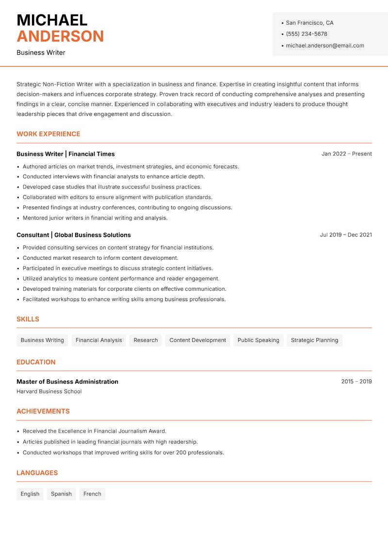 Non Fiction Writer resume template — Modern Professional
