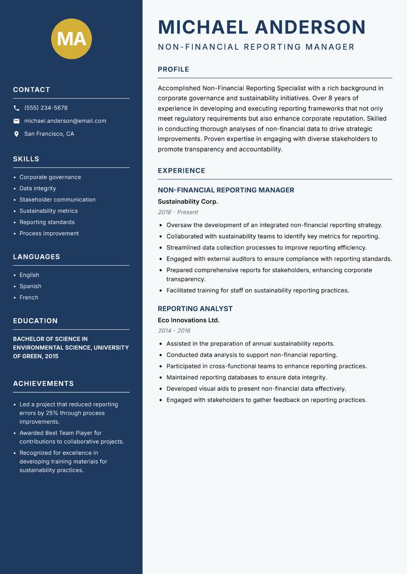 Non-Financial Reporting Specialist resume template — Classic Clean