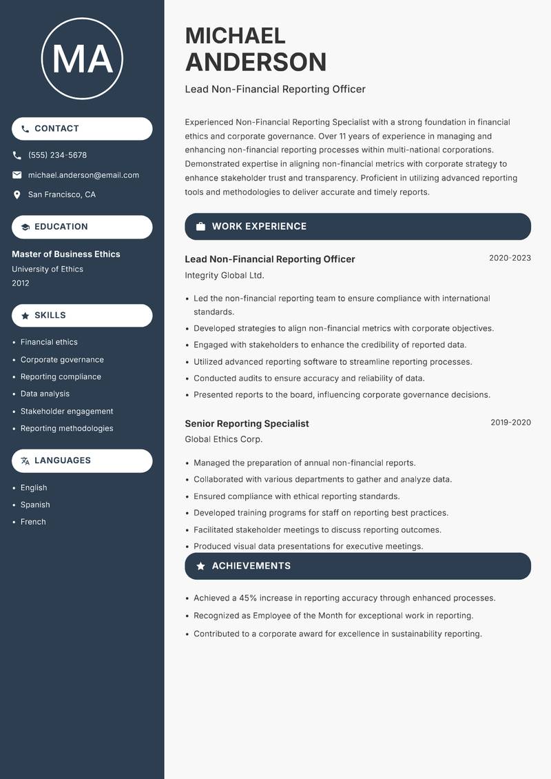Non-Financial Reporting Specialist resume template — Compact