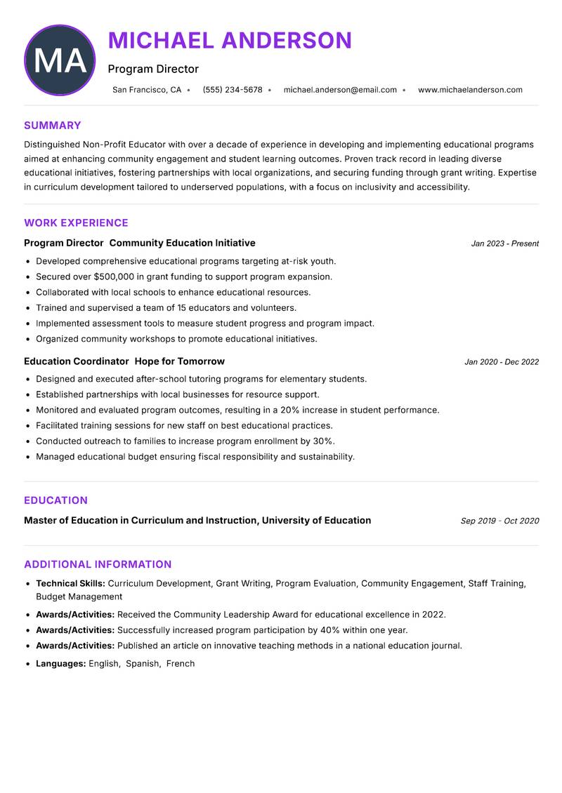 Non-Profit Educator resume example — ATS-friendly template