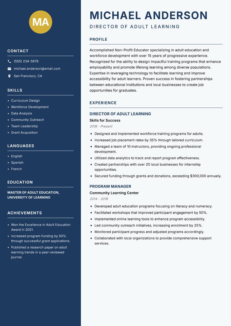 Non-Profit Educator resume template — Classic Clean