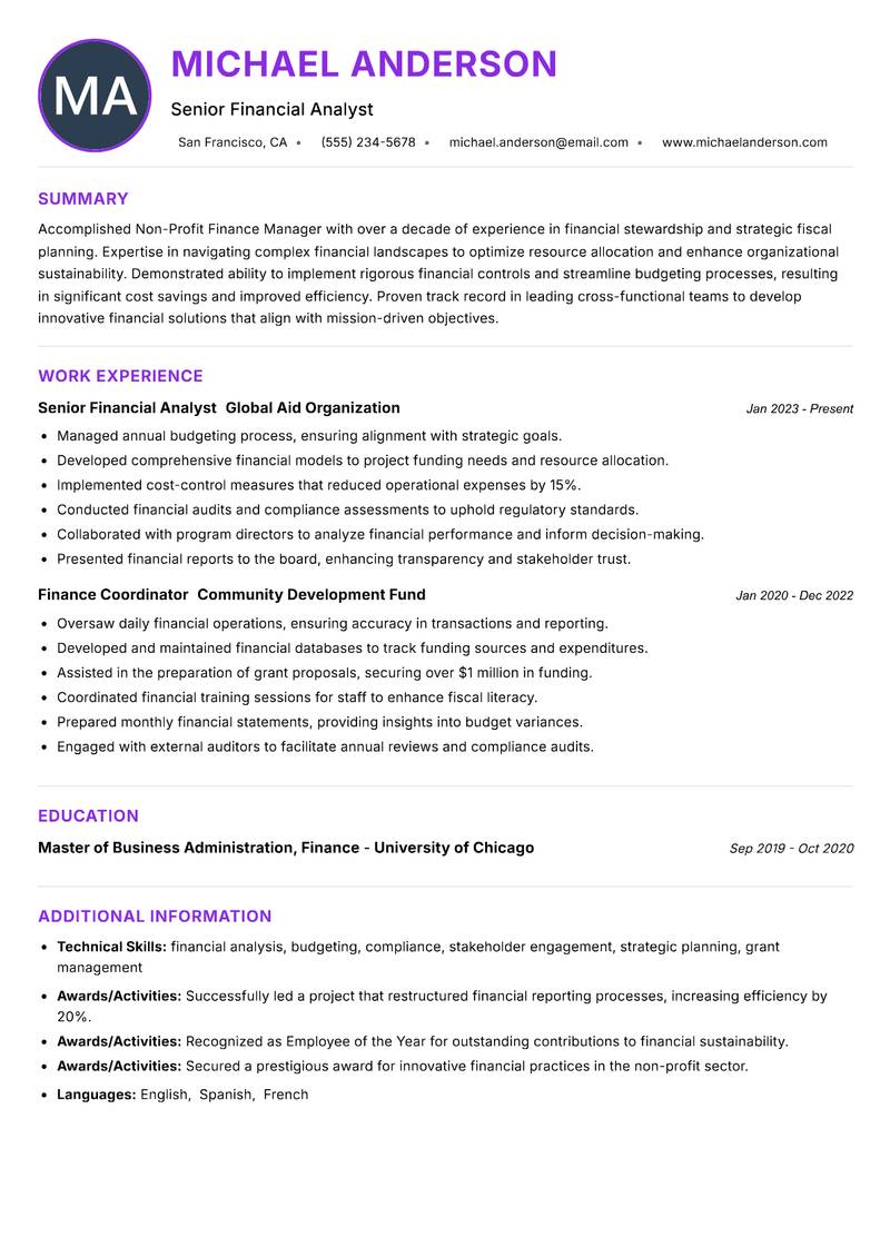 Non-Profit Finance Manager resume example — ATS-friendly template
