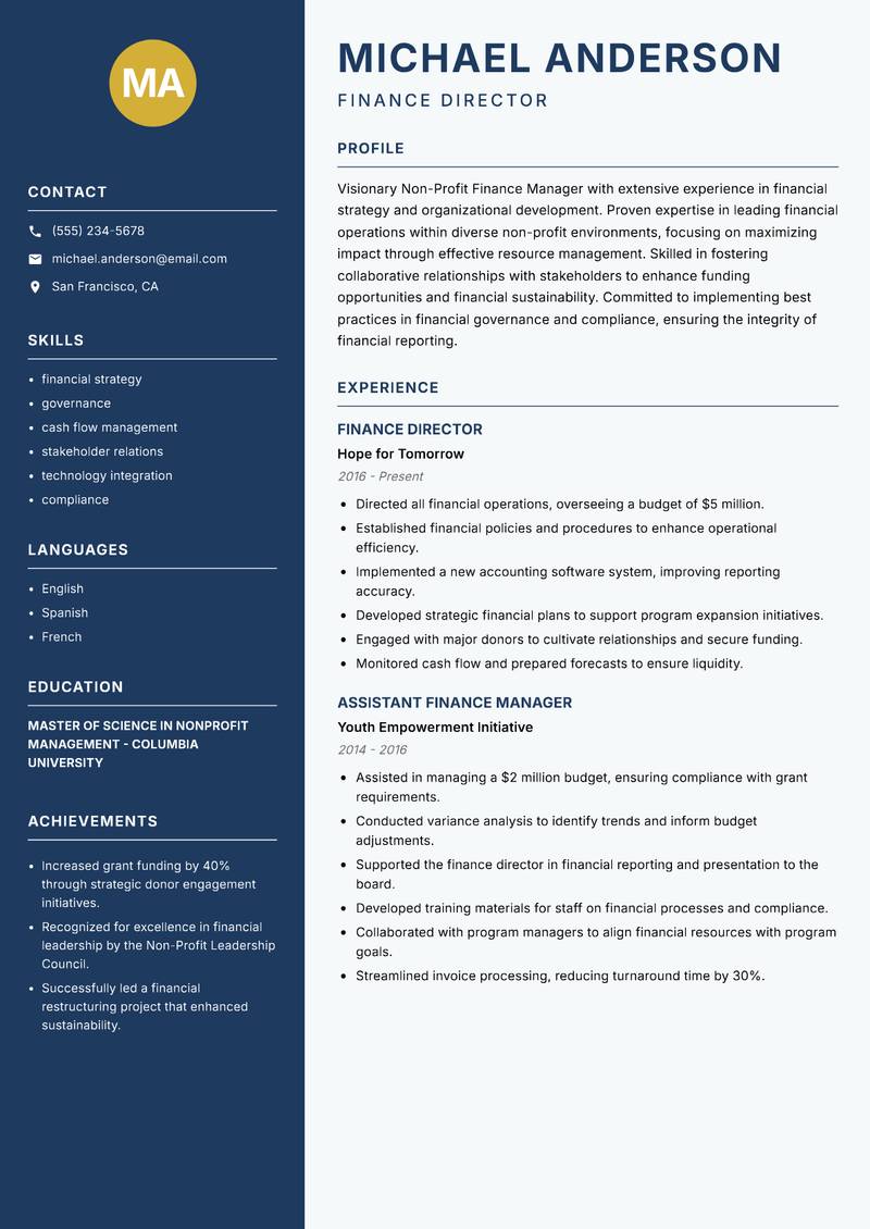 Non-Profit Finance Manager resume template — Classic Clean