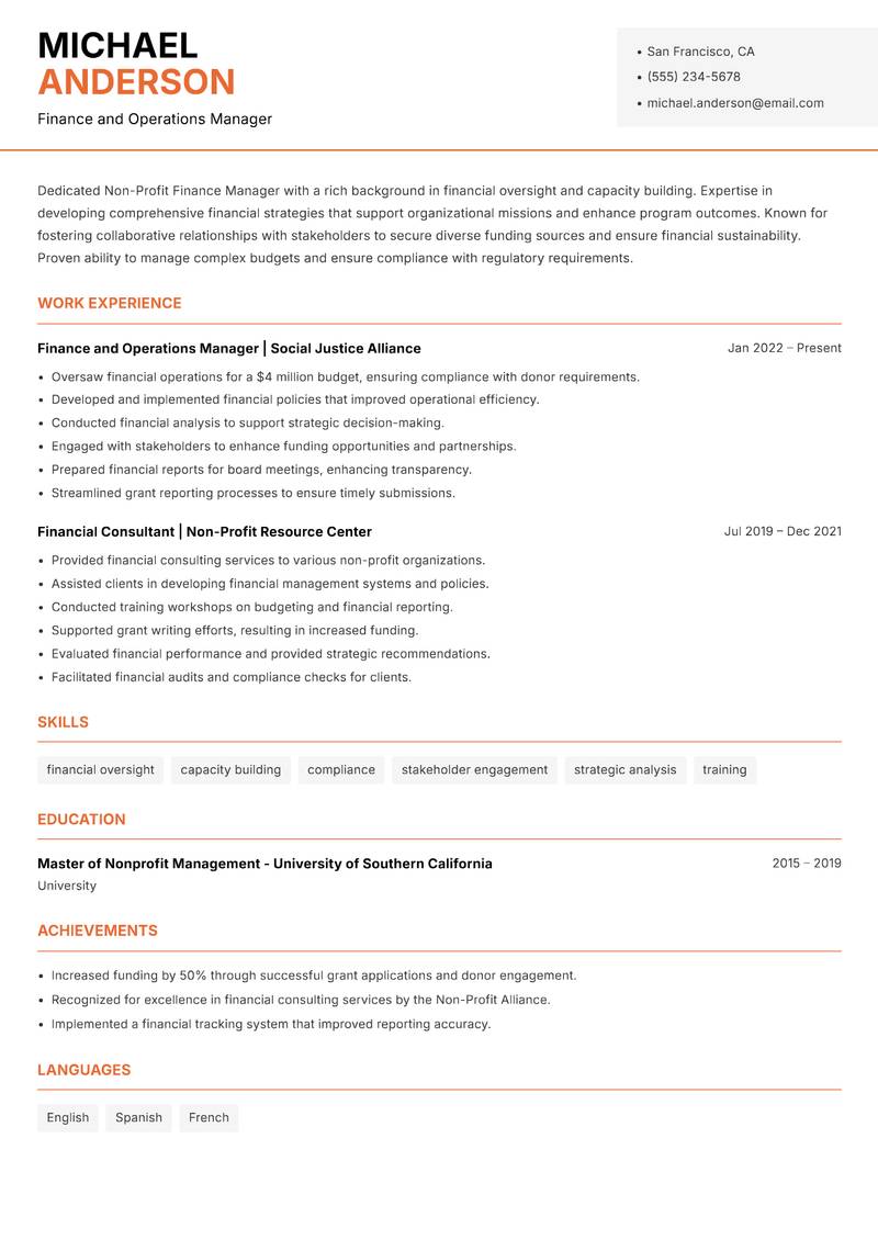 Non-Profit Finance Manager resume template — Modern Professional