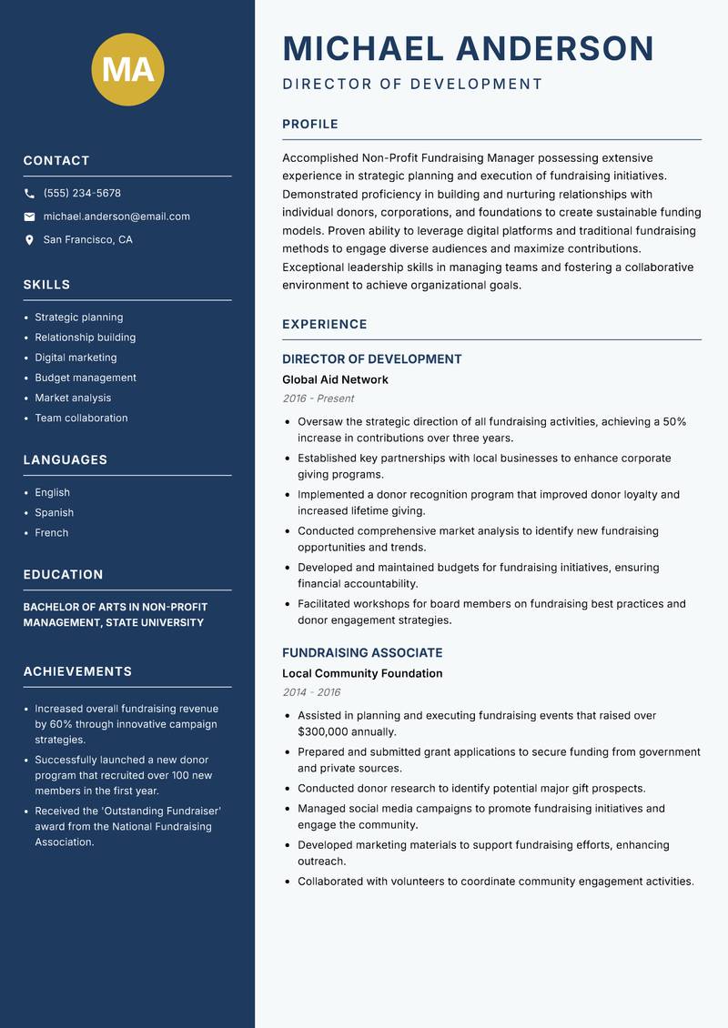 Non-Profit Fundraising Manager resume template — Classic Clean