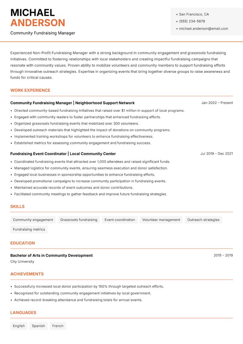 Non-Profit Fundraising Manager resume template — Modern Professional