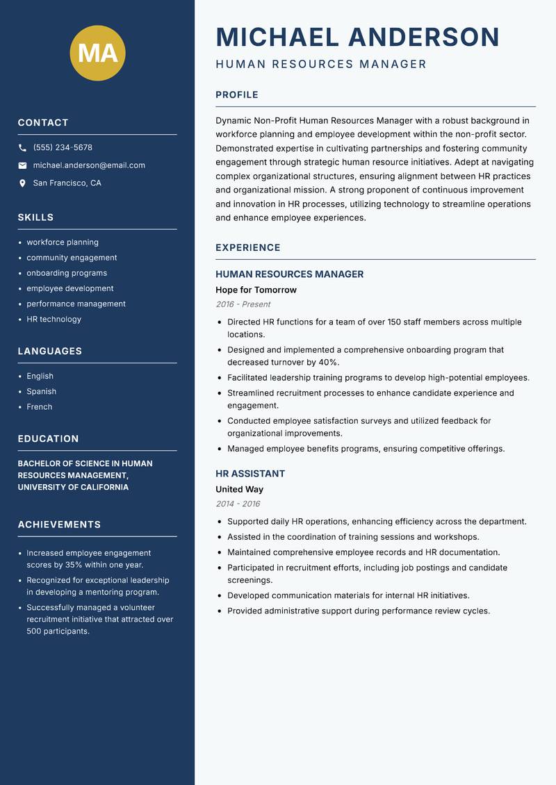 Non-Profit Human Resources Manager resume template — Classic Clean