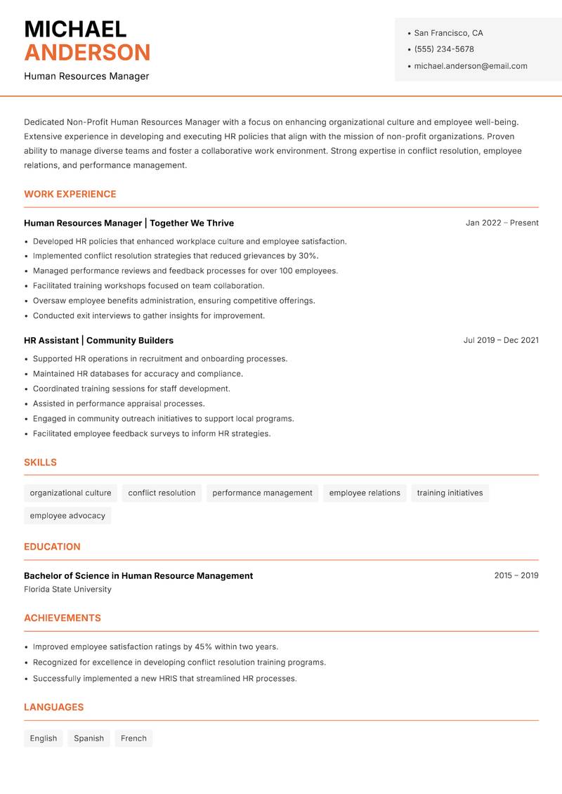 Non-Profit Human Resources Manager resume template — Modern Professional