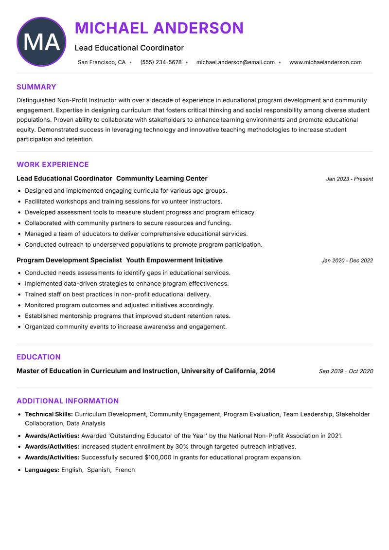 Non-Profit Instructor resume example — ATS-friendly template