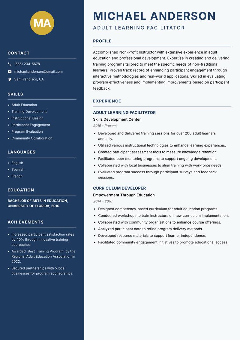 Non-Profit Instructor resume template — Classic Clean