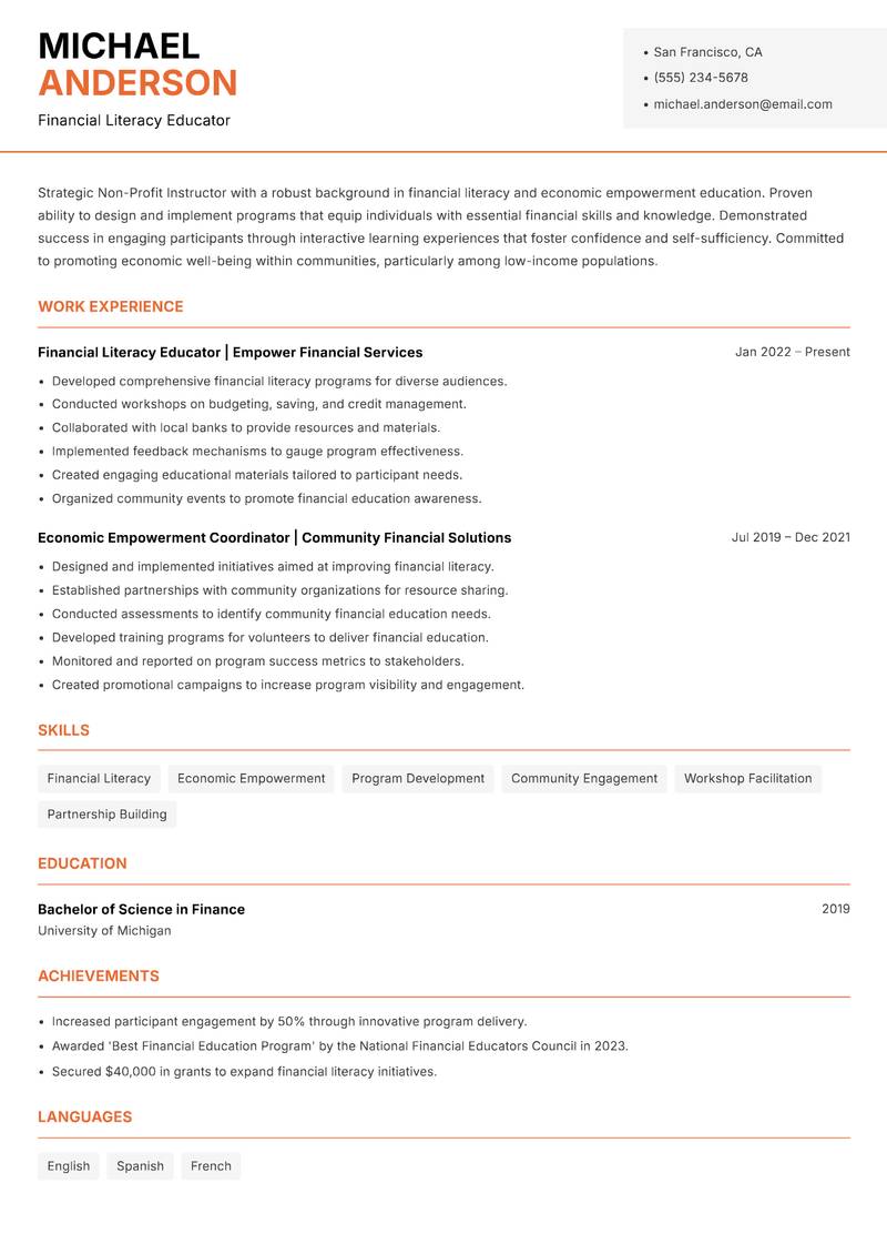 Non-Profit Instructor resume template — Modern Professional