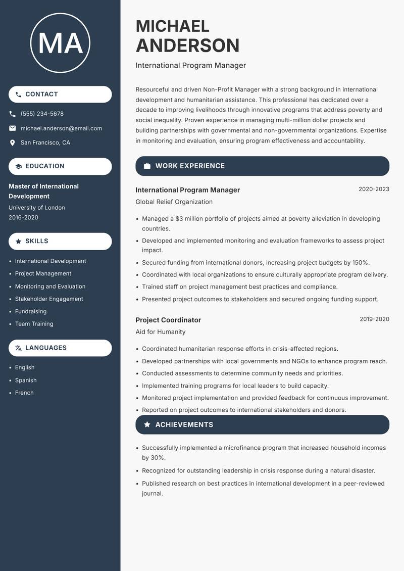 Non-Profit Manager resume template — Compact