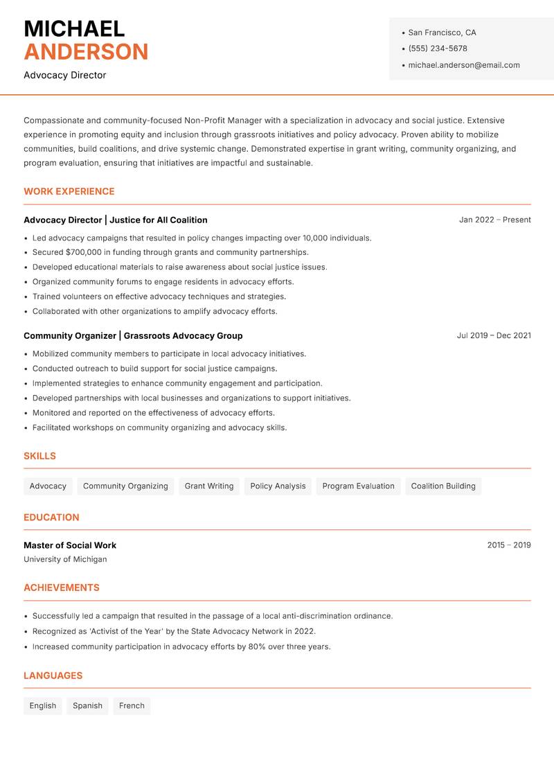 Non-Profit Manager resume template — Modern Professional