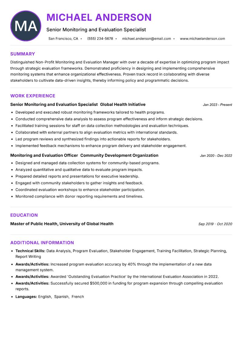 Non-Profit Monitoring and Evaluation Manager resume example — ATS-friendly template