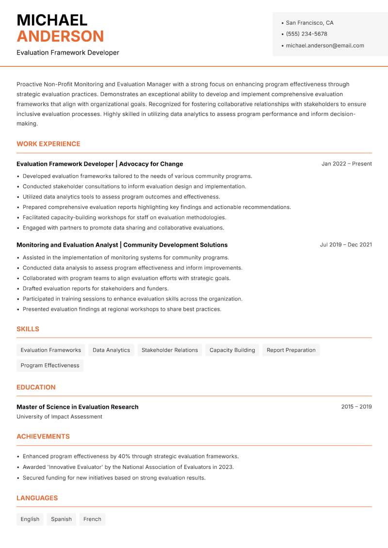 Non-Profit Monitoring and Evaluation Manager resume template — Modern Professional