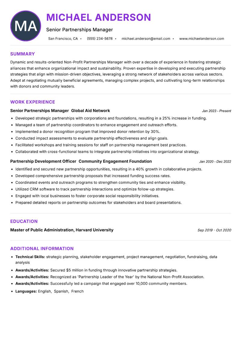 Non-Profit Partnerships Manager resume example — ATS-friendly template