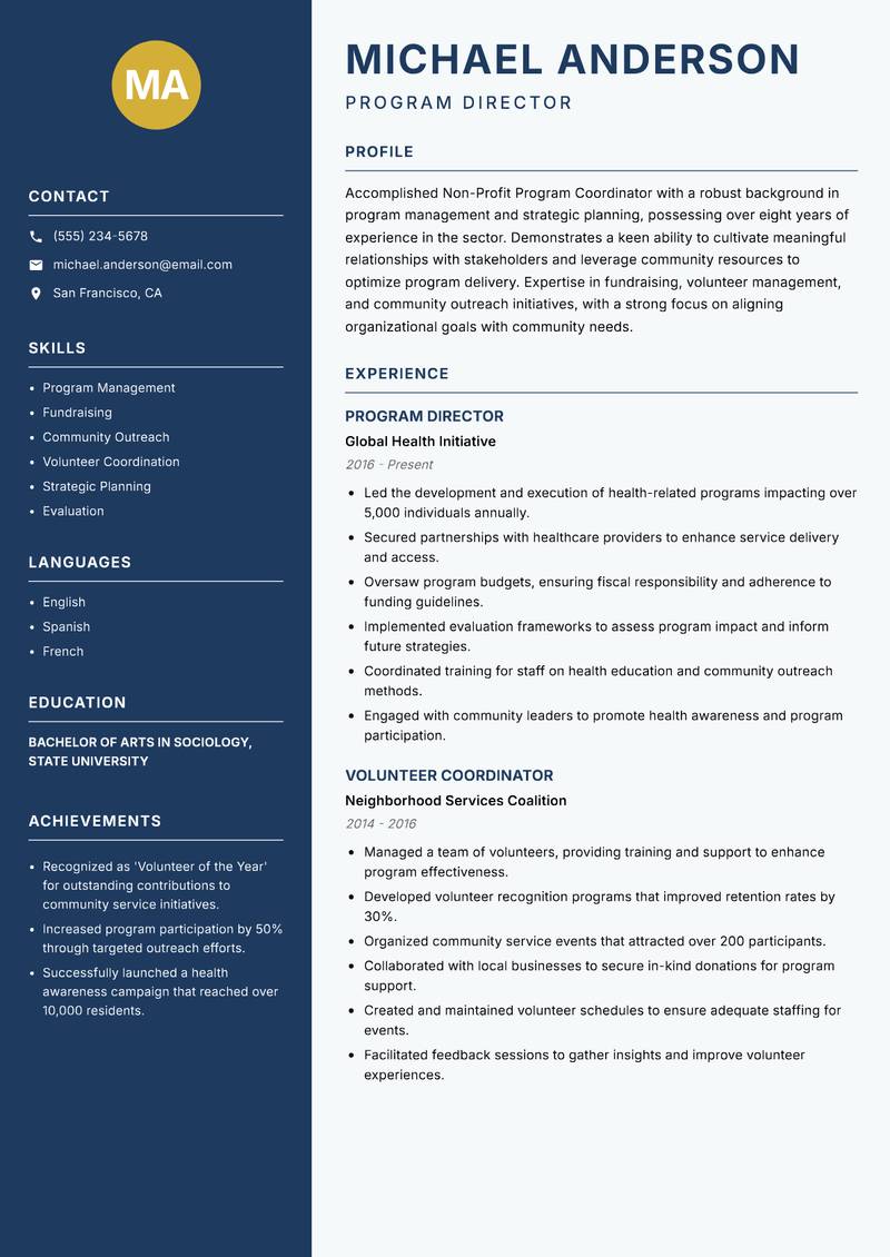 Non-Profit Program Coordinator resume template — Classic Clean